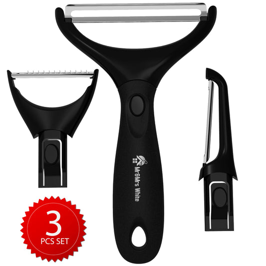 Trio Peeler Set – Black Julienne Vegetable Peeler – Stainless Steel Cabbage Carrot & Potato Peelers – Multifunctional Veggie and Fruit Peeler Set of 3