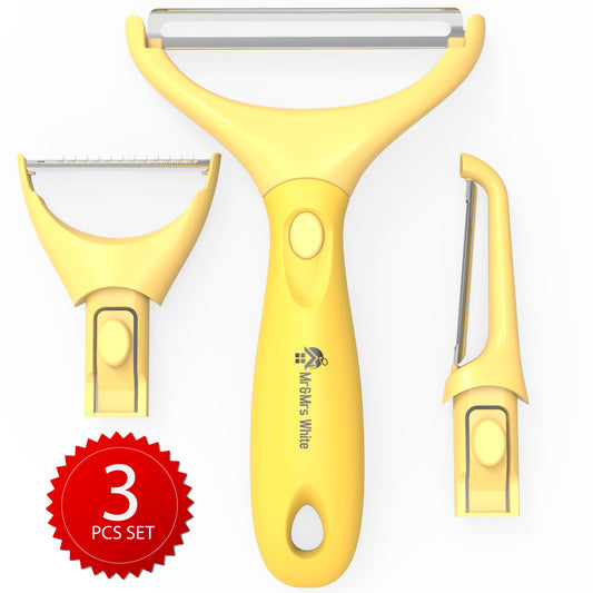 Trio Peeler Set – Yellow Julienne Vegetable Peeler – Stainless Steel Cabbage Carrot & Potato Peelers – Multifunctional Veggie and Fruit Peeler Set of 3